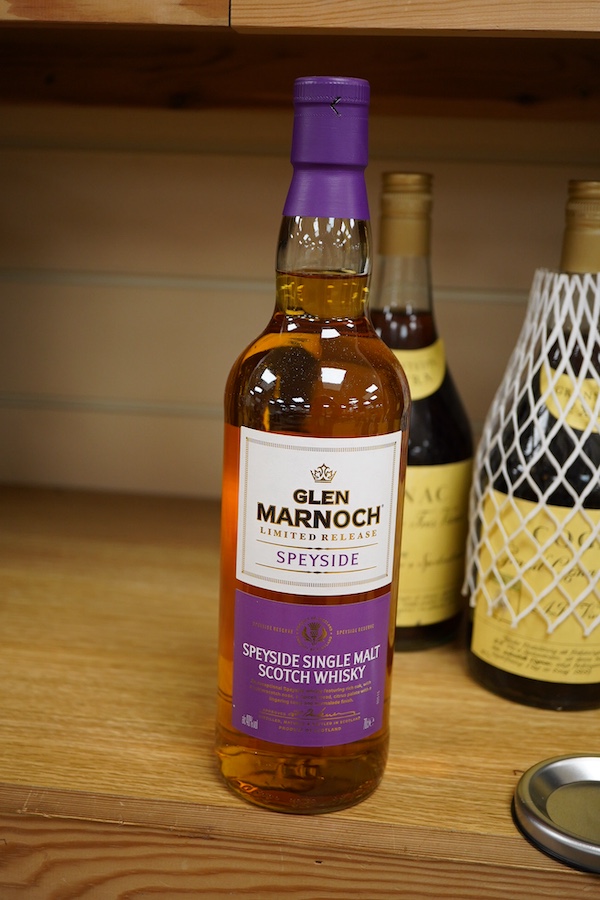 Gronstedts Extra Grand Cognac Fres Vieux, thirteen bottles and Glen Marnoch limited release Speyside single malt scotch whisky, one bottle in container (14)